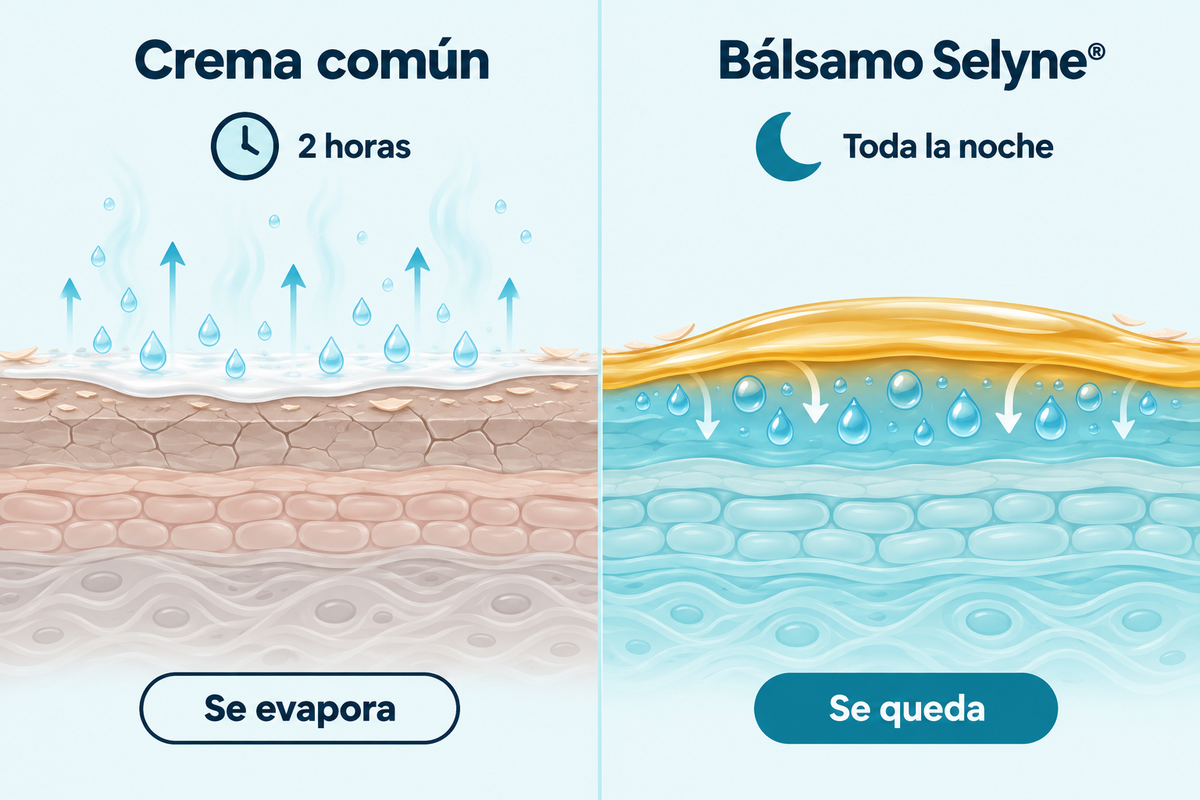 Comparación: la crema común se evapora en dos horas y el bálsamo Selyne sella la hidratación toda la noche